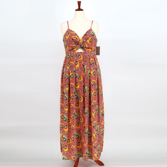 Chelsea28 Women Coral Paisley Satin Cutout Sleeveless Summer Maxi Dress Size XL - Picture 3 of 7